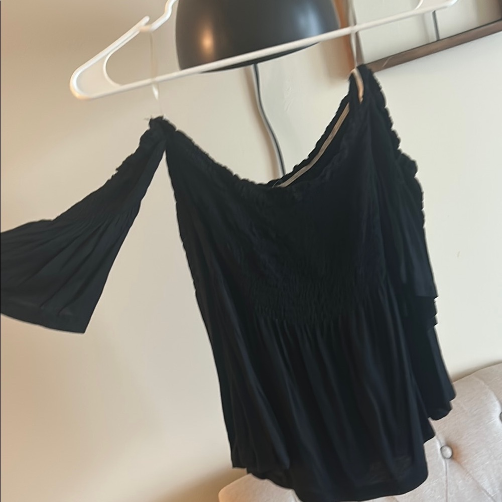 Black Asymmetrical Ruffled Bell Sleeve Blouse